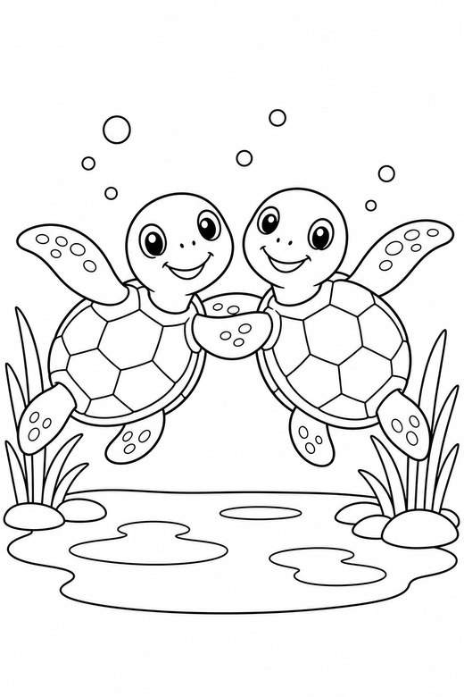 Two turtles swimming by a pond: Two turtles together swimming with their flippers spread at the edge of a quiet pond, free printable coloring page