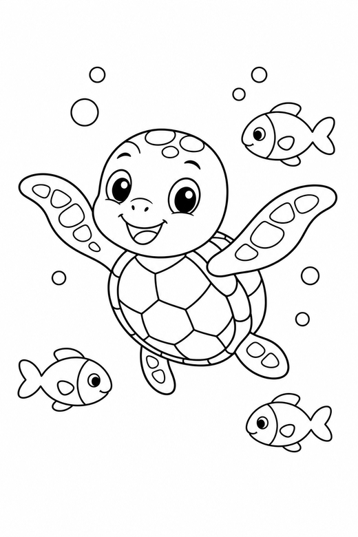 Baby turtle swimming with fish: A tiny baby turtle swimming with its flippers spread with small fish swimming past, free printable coloring page