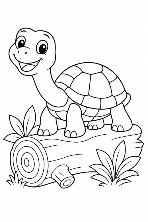 Smiling turtle stretching on a log: A friendly cartoon turtle with a big smile stretching its neck out on a fallen log, free printable coloring page