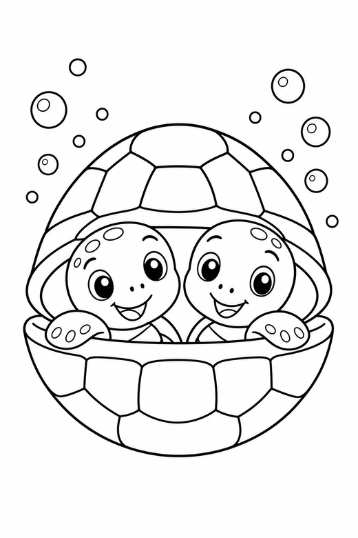 Two turtles peeking out with bubbles: Two turtles together peeking out from their shell with bubbles rising around them, free printable coloring page