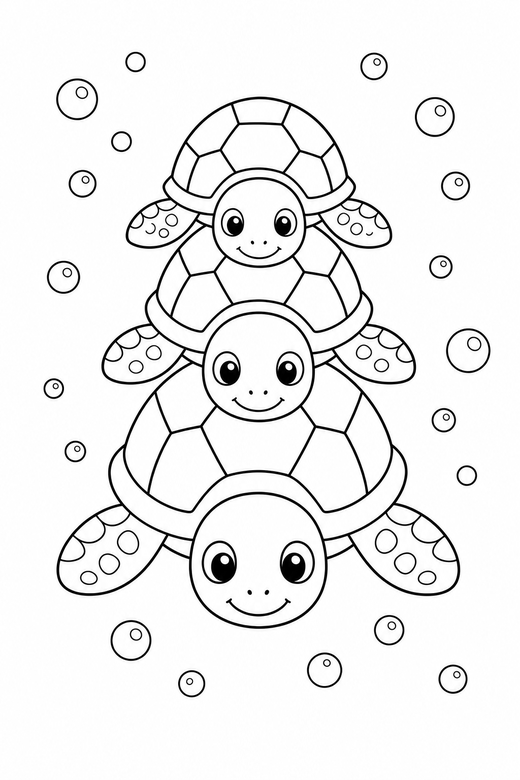 Stacked turtles seen from above with bubbles: Three turtles stacked one on another seen from directly above with bubbles rising around them, free printable coloring page