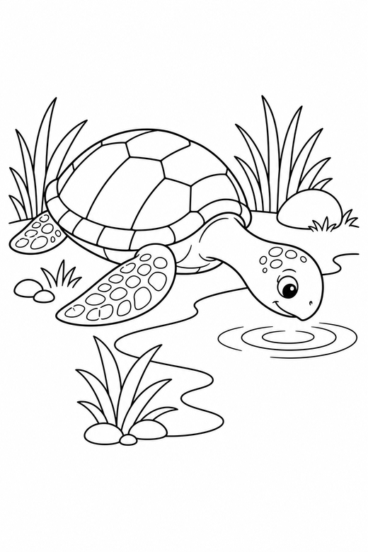 Sea turtle stretching by a pond: A sea turtle with patterned flippers stretching its neck out at the edge of a quiet pond, free printable coloring page