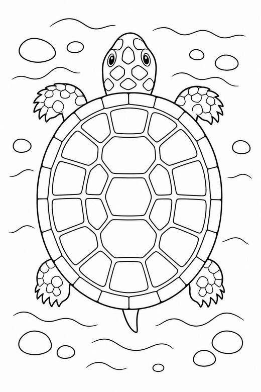 Box turtle seen from above on the sand: A box turtle with a high rounded shell seen from directly above on rippled sand, free printable coloring page