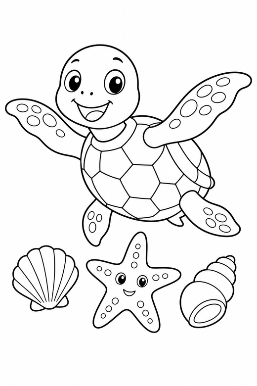 Smiling turtle swimming near a starfish: A friendly cartoon turtle with a big smile swimming with its flippers spread beside a starfish and two shells, free printable coloring page