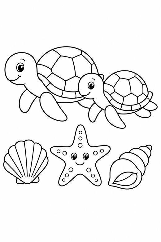 Two turtles side view near a starfish: Two turtles together shown in side profile beside a starfish and two shells, free printable coloring page
