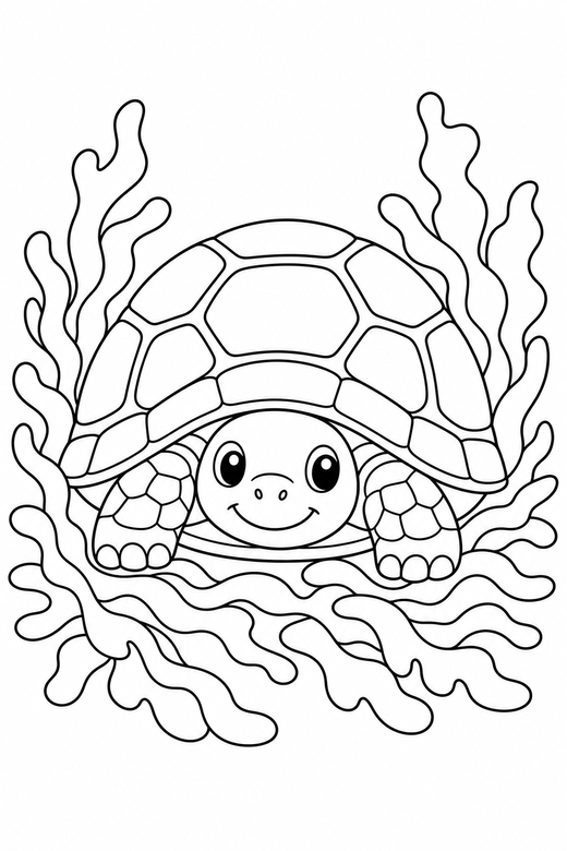 Tortoise peeking out among seaweed: A land tortoise with a domed shell peeking out from its shell among strands of seaweed, free printable coloring page