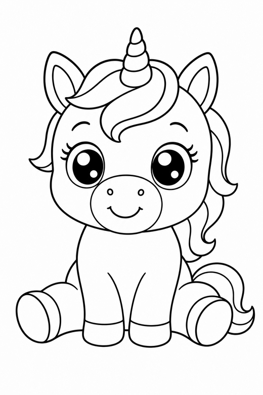 Baby unicorn sitting, color online