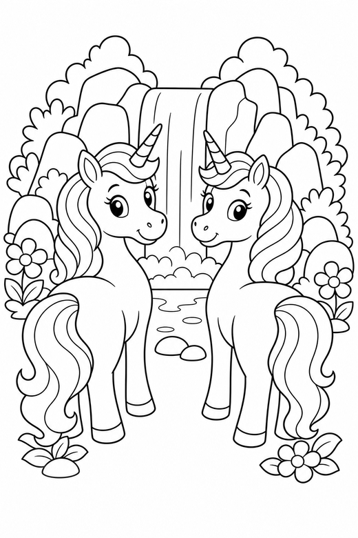 Two unicorns looking back by a waterfall, color online