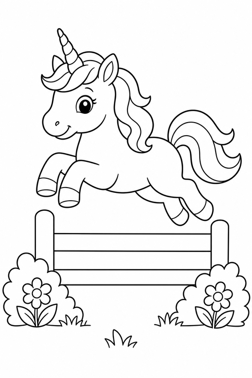 Unicorn jumping a fence, color online