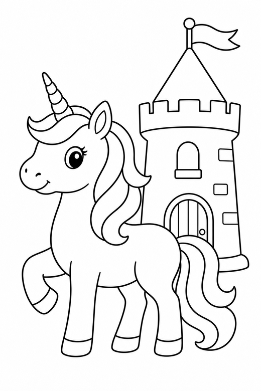 Unicorn by a castle, color online