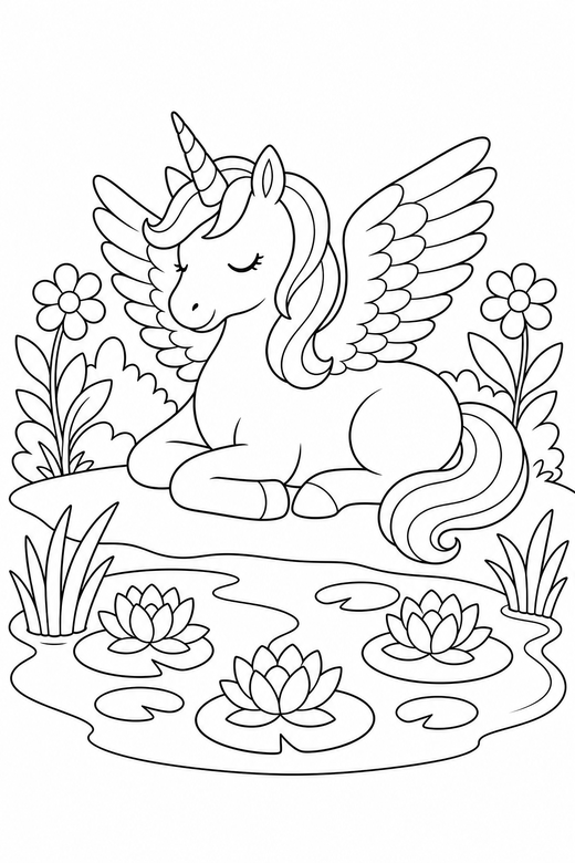 Winged unicorn asleep by a pond, color online