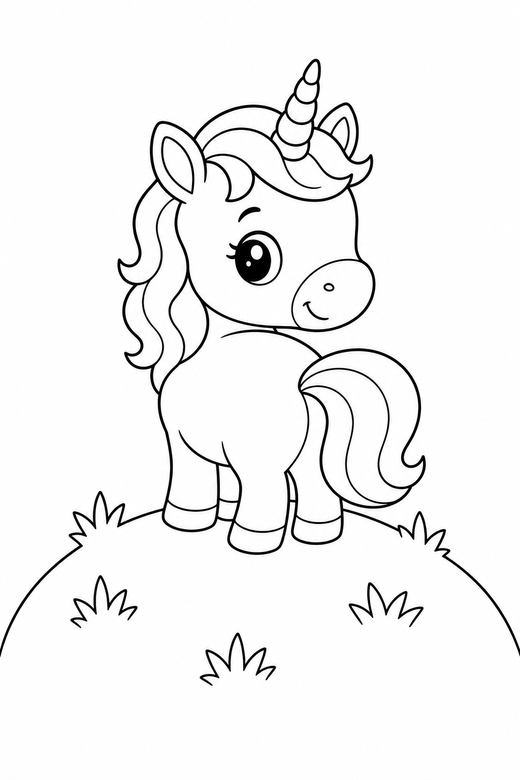Baby unicorn looking back on a hilltop, color online