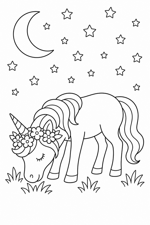 Flower-crown unicorn grazing under the stars, color online