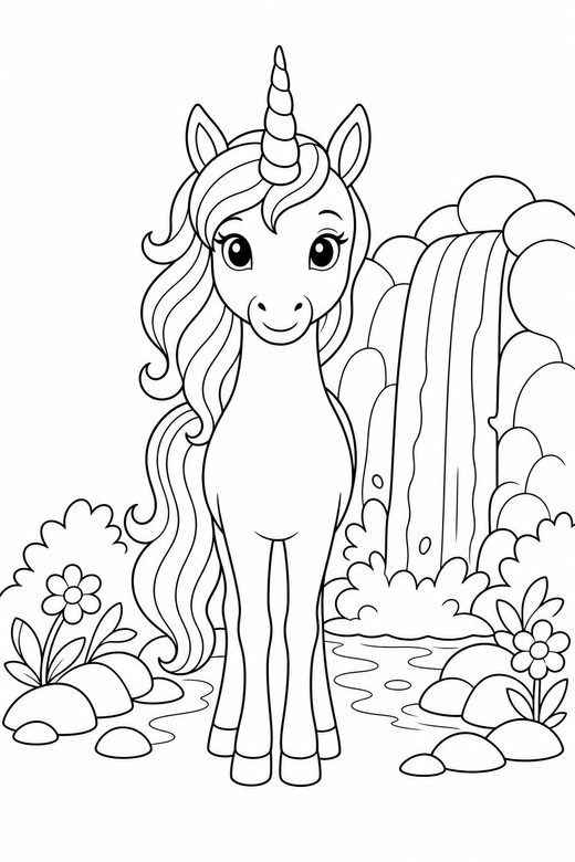 Slender unicorn seen head on by a waterfall, color online