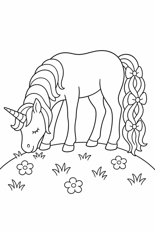 Ribboned unicorn grazing on a hilltop, color online
