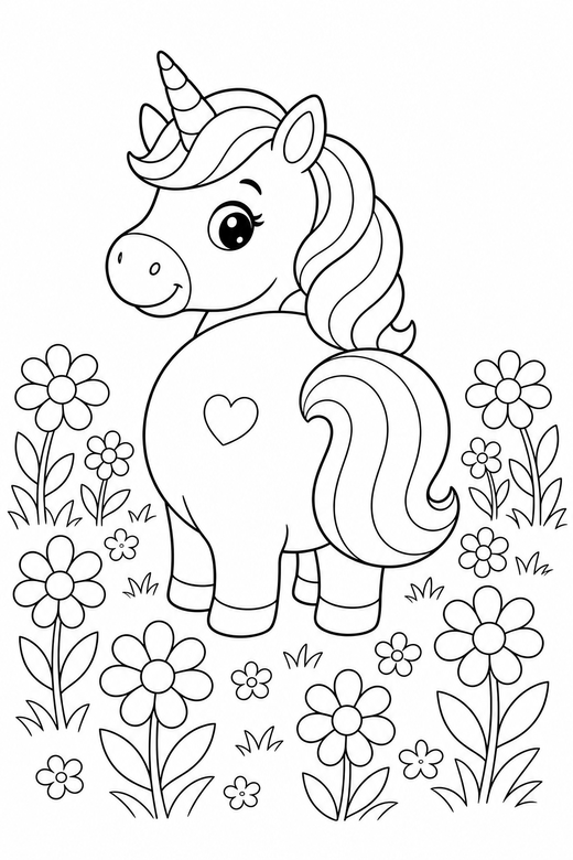 Chubby unicorn looking back, color online