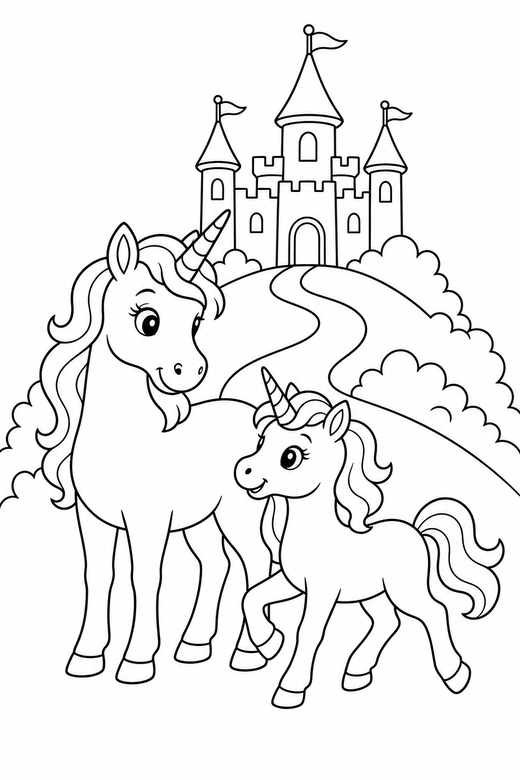 Unicorn and foal trotting near a castle, color online