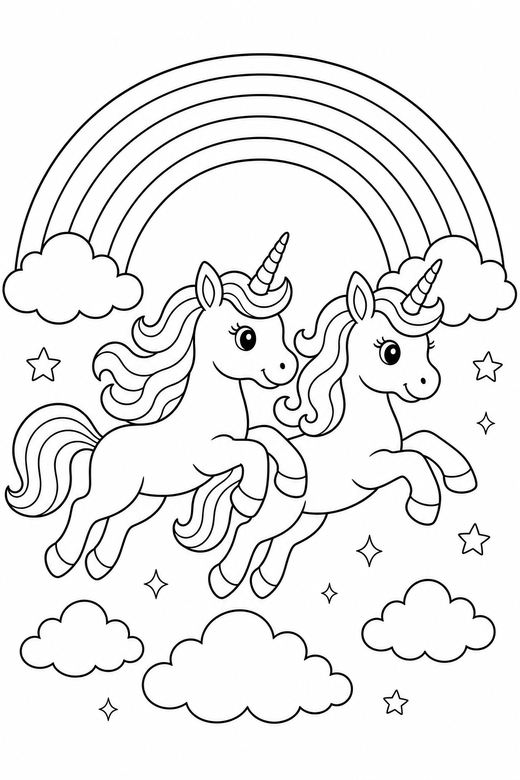 Two unicorns leaping under a rainbow, color online