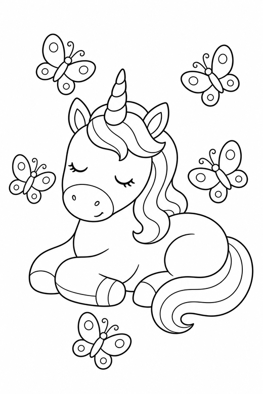 Unicorn asleep with butterflies, color online