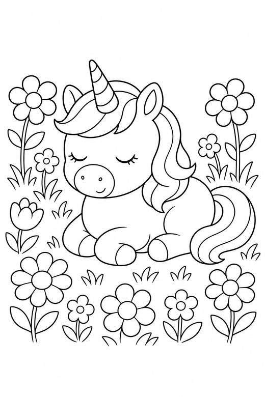 Pony unicorn asleep in a flower meadow, color online