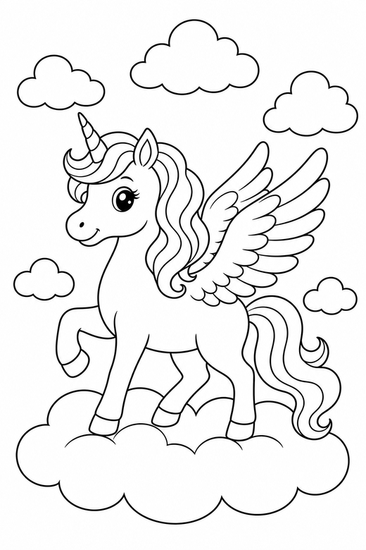 Winged unicorn prancing among clouds, color online