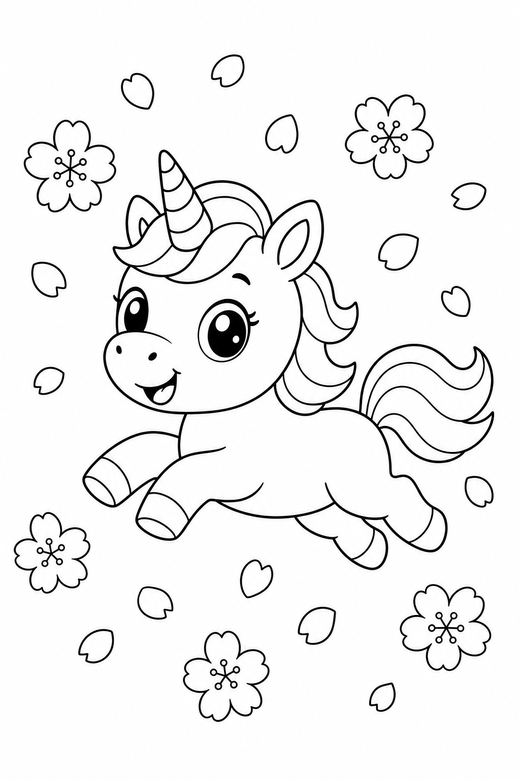 Baby unicorn leaping with falling petals, color online