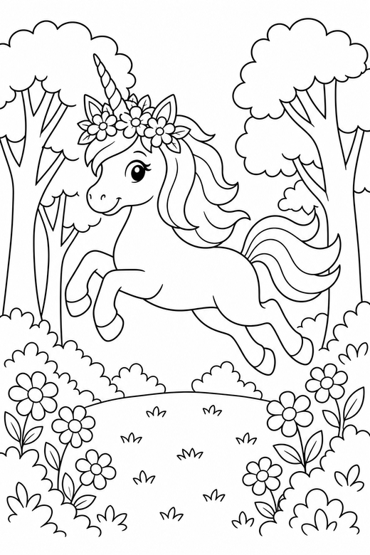 Flower-crown unicorn leaping, color online