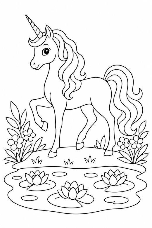 Slender unicorn prancing by a pond, color online