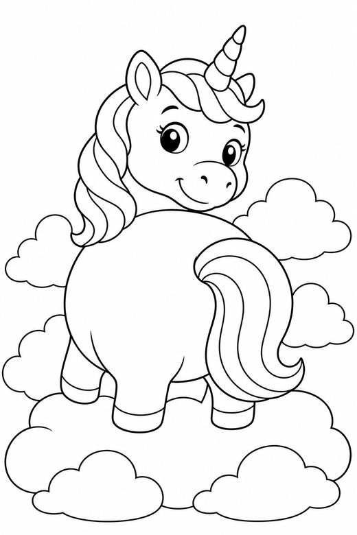 Chubby unicorn looking back among clouds, color online