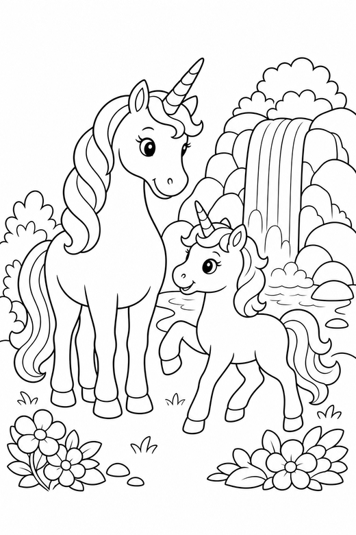 Unicorn and foal prancing by a waterfall, color online