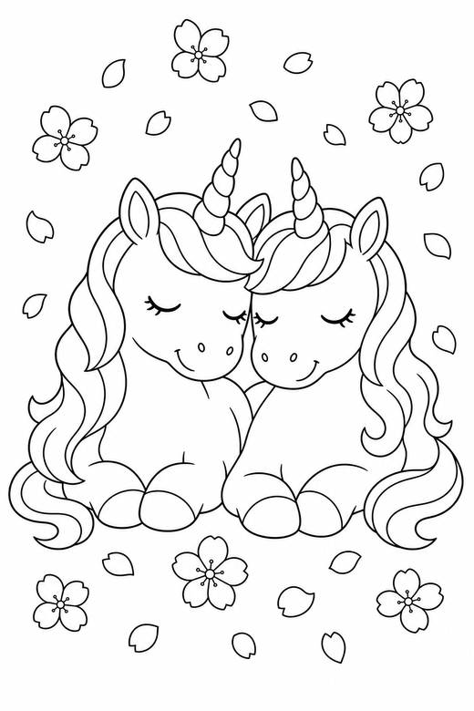 Two unicorns asleep with falling petals, color online