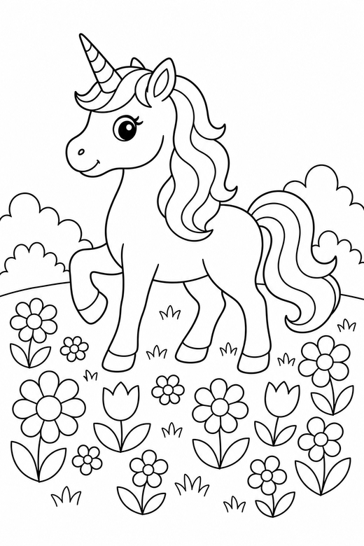 Unicorn prancing in a flower meadow, color online