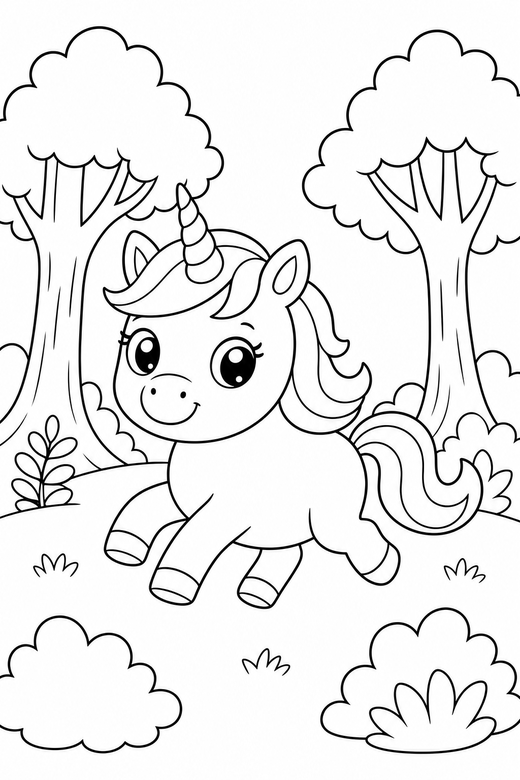 Pony unicorn galloping in a forest clearing, color online