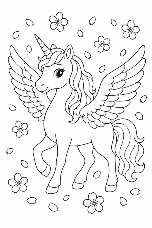 Winged unicorn walking with falling petals, color online