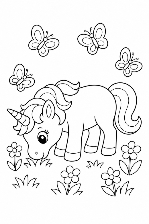 Baby unicorn grazing with butterflies, color online