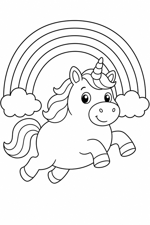 Chubby unicorn galloping under a rainbow, color online