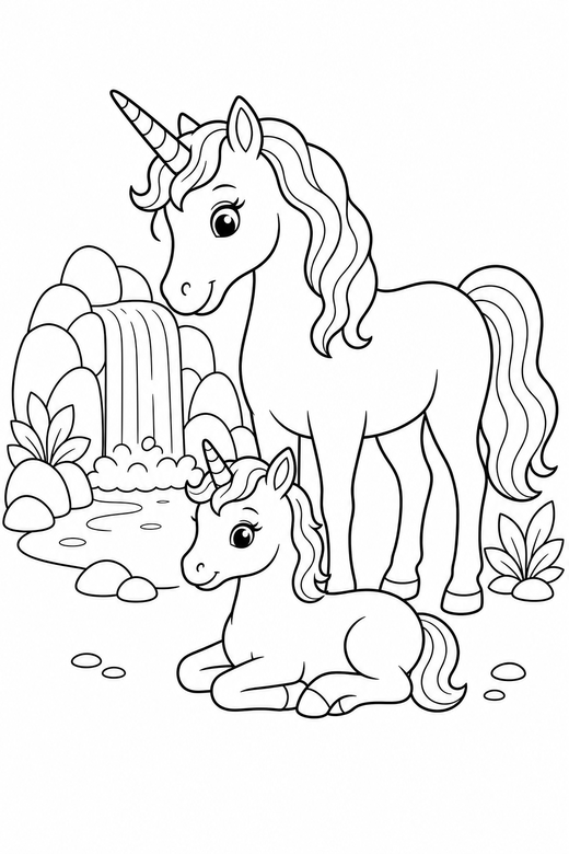 Unicorn and foal lying down by a waterfall, color online