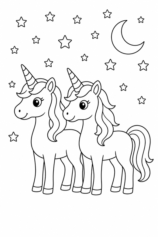 Two unicorns standing under the stars, color online