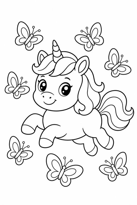 Pony unicorn galloping with butterflies, color online