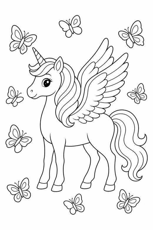 Winged unicorn standing with butterflies, color online