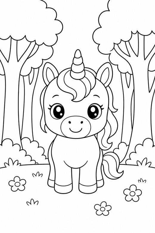 Baby unicorn seen head on, color online