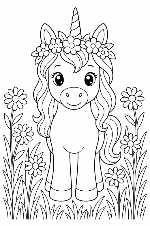 Flower-crown unicorn seen head on, color online