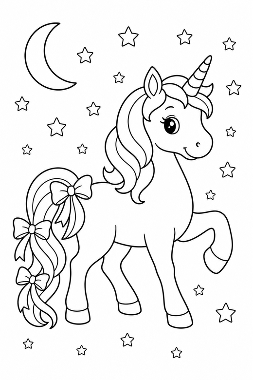 Ribboned unicorn prancing under the stars, color online