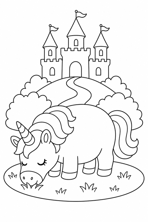 Chubby unicorn grazing near a castle, color online