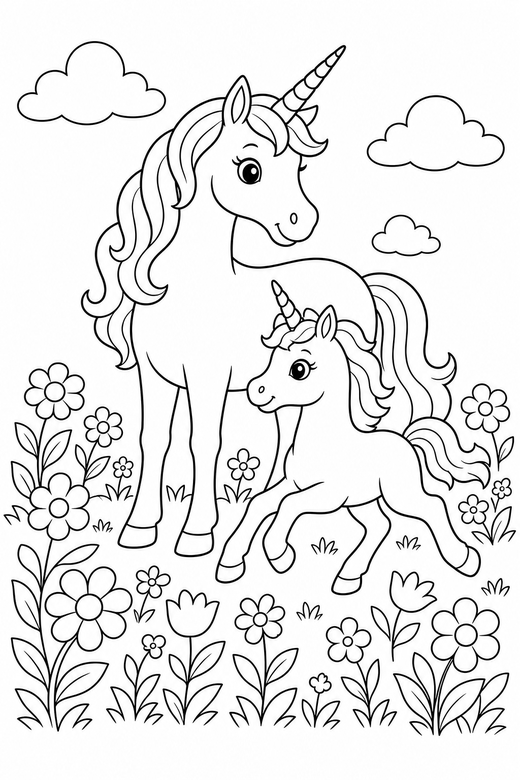 Unicorn and foal galloping, color online