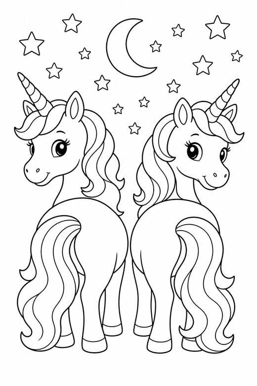 Two unicorns looking back under the stars, color online