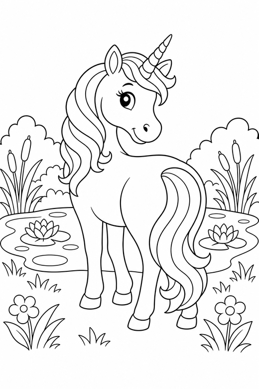 Unicorn looking back by a pond, color online