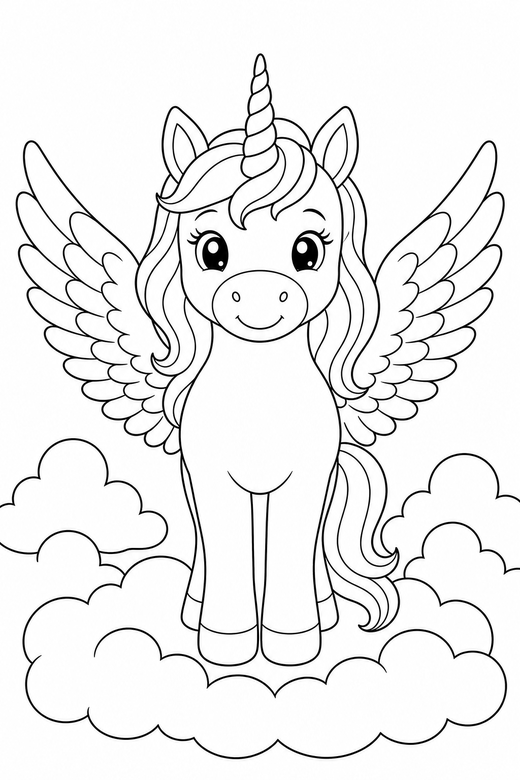 Winged unicorn seen head on among clouds, color online
