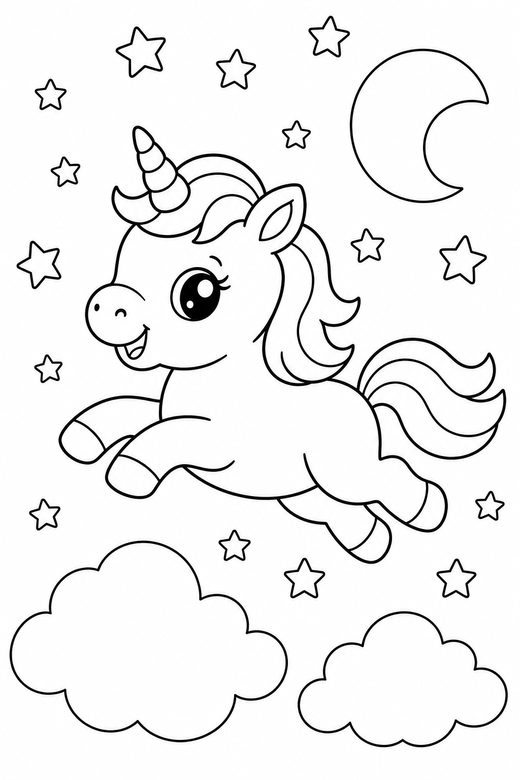 Baby unicorn leaping under the stars, color online