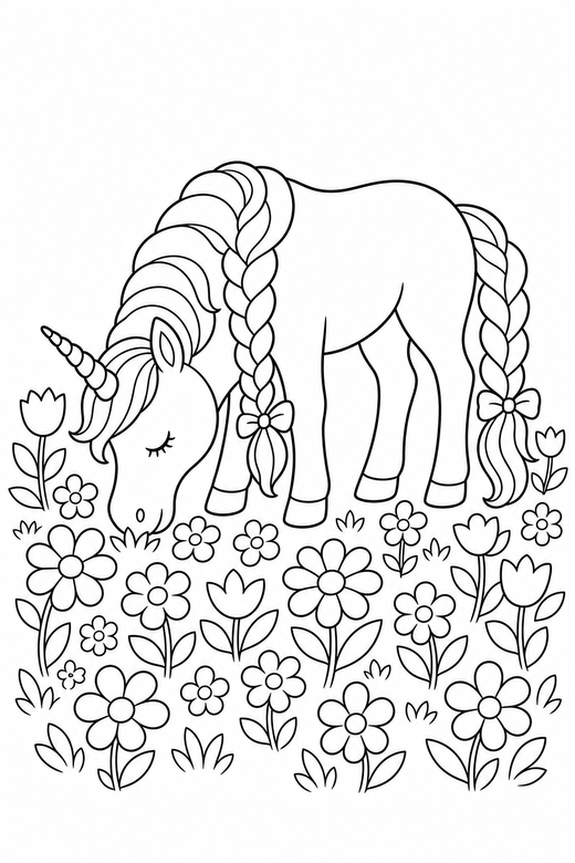 Braided-mane unicorn grazing, color online